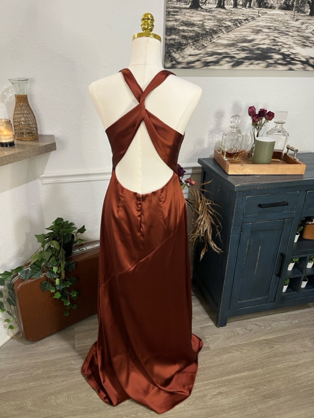 Lulu’s Satin V-Neck Slip Gown in Copper Brown NWT Medium - Picture 8 of 16